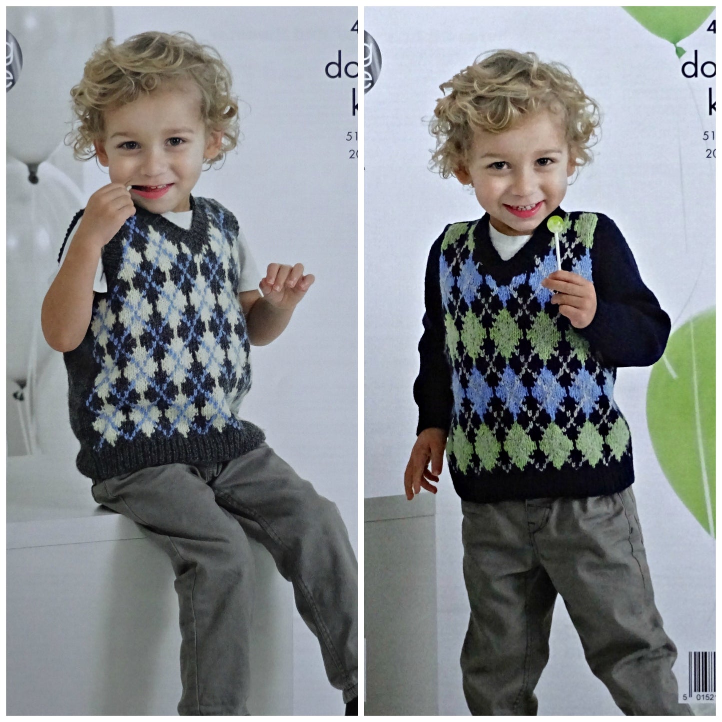 DIGITAL Knitting Pattern Boys V-Neck Fairisle Diamond Jumpers DK King Cole 4150