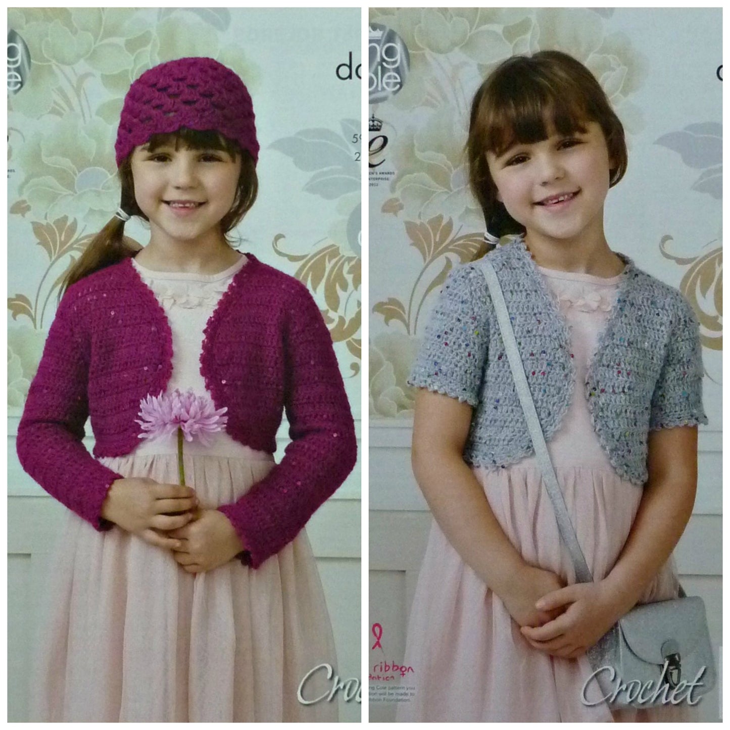 DIGITAL Crochet Pattern Girls Easy Short/Long Sleeve Sequined Boleros & Hat Galaxy DK King Cole 4426
