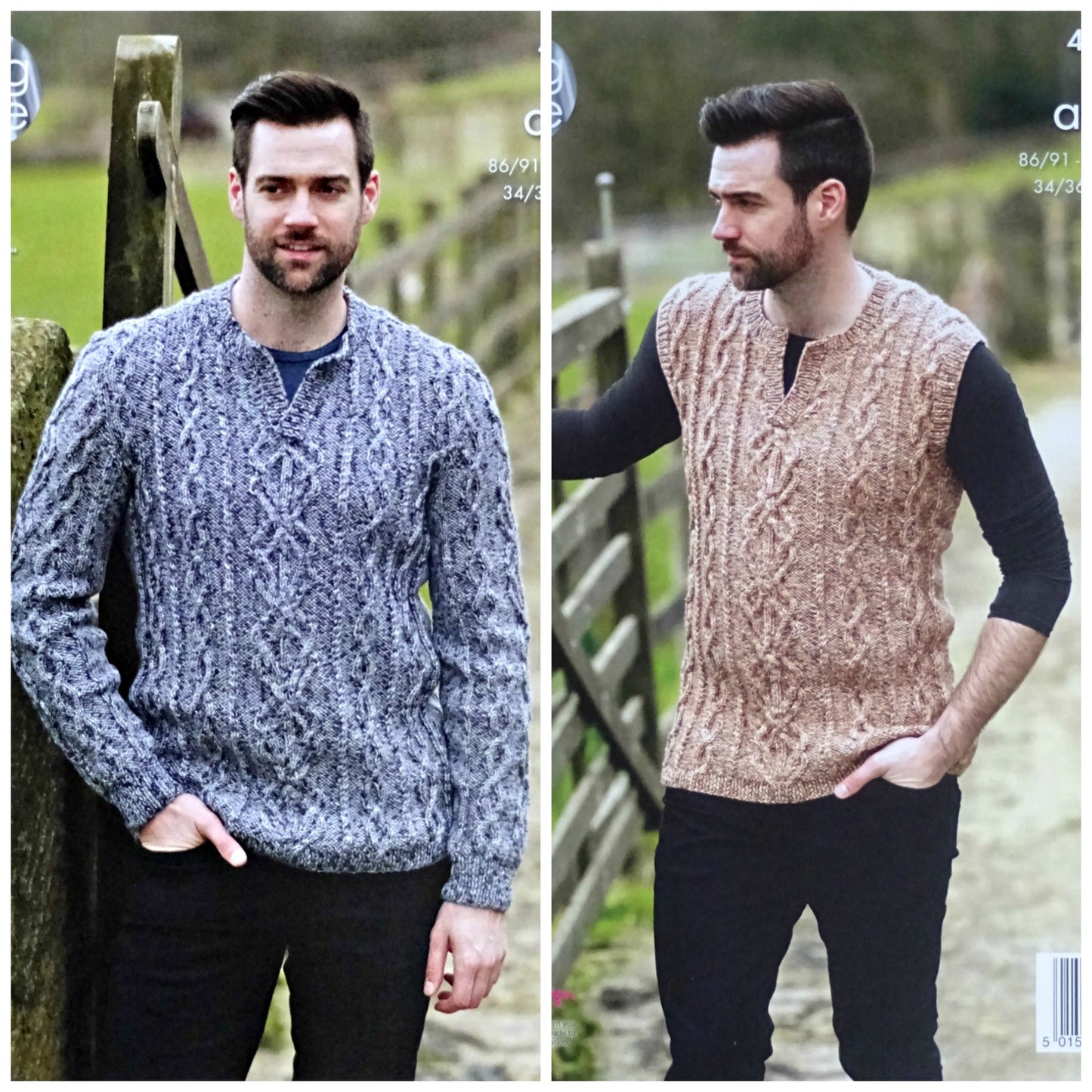 DIGITAL Knitting Pattern Mens V-Neck Cable Jumper & Slipover Aran King Cole 4628