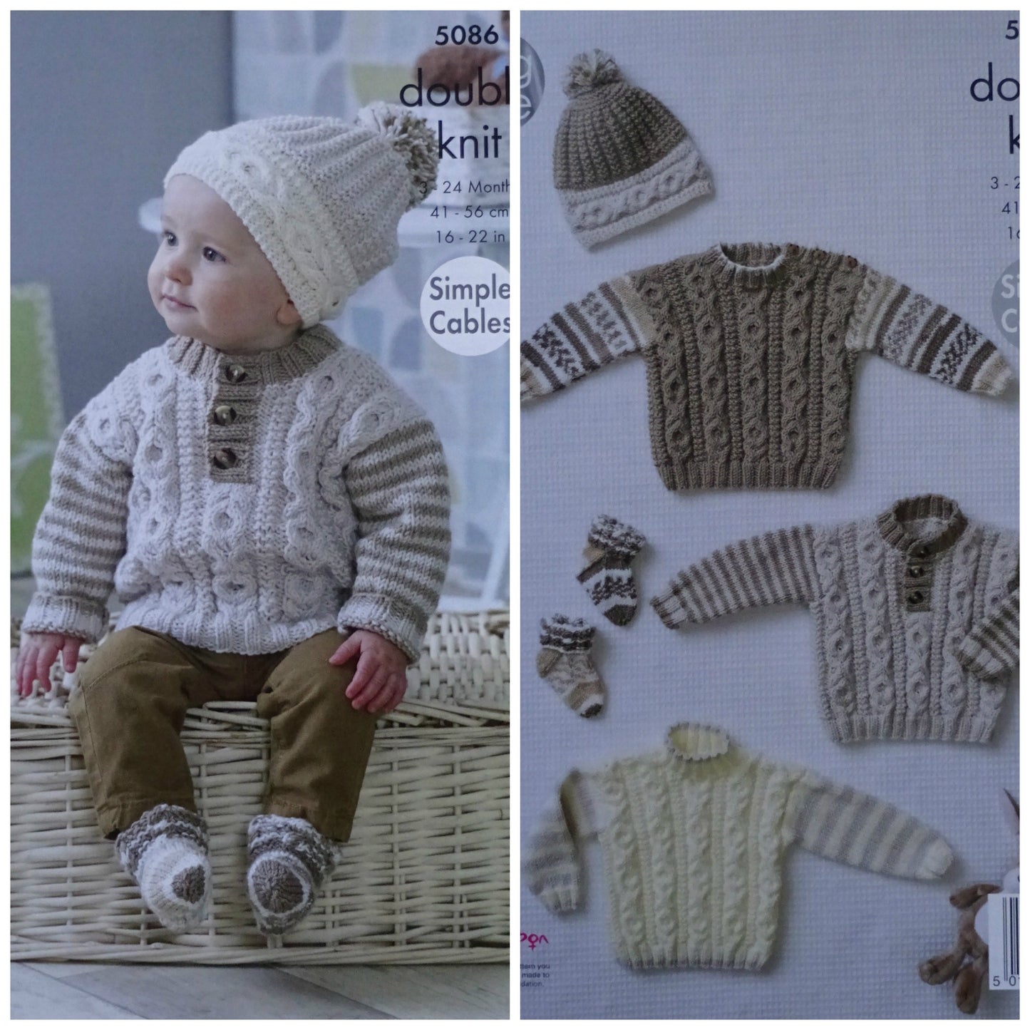 DIGITAL Knitting Pattern Baby Easy Cable Jumpers 3 styles, Socks and Bobble Hat DK 5086 King Cole