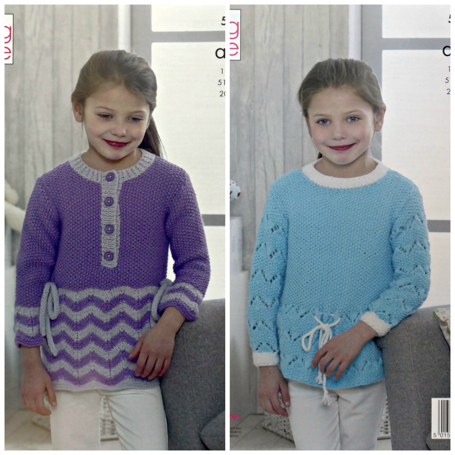 DIGITAL Knitting Pattern Girls Striped and Lace Tunics Aran King Cole 5157