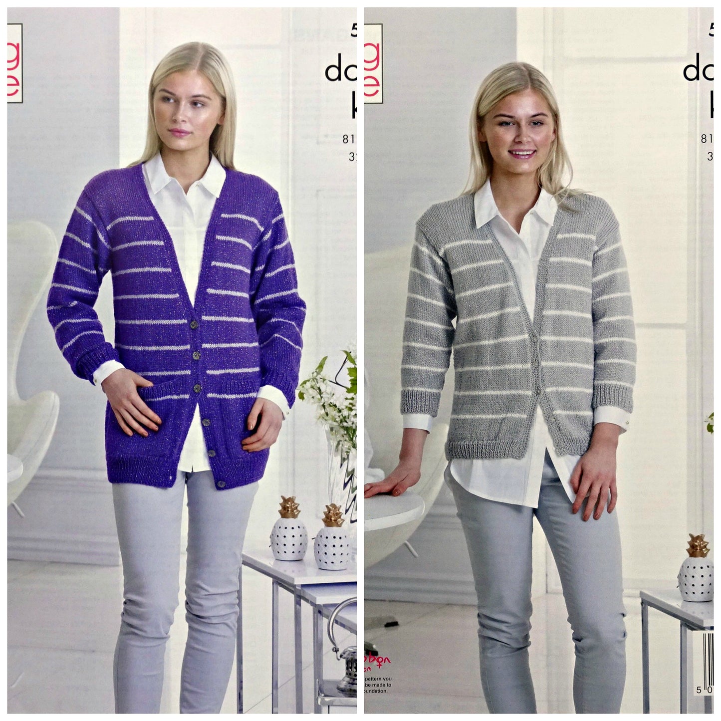 DIGITAL Knitting Pattern Ladies Striped Cardigans in two lengths Glitz DK King Cole 5251