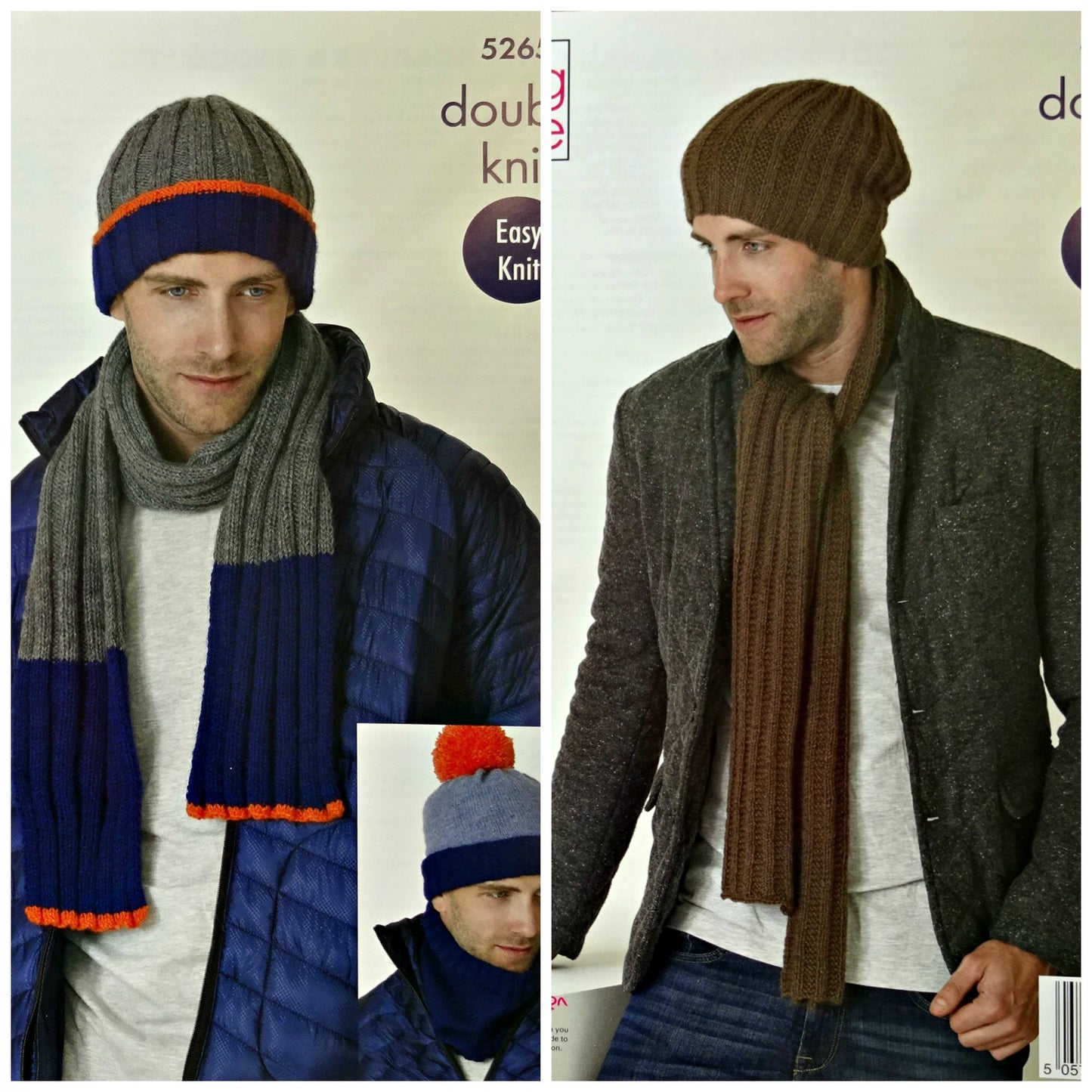 DIGITAL Knitting Pattern Mens Easy Knit Ribbed Hat Scarf Cowl DK King Cole 5265