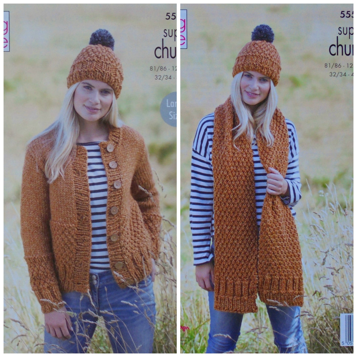 DIGITAL Knitting Pattern Ladies Moss Stitch Jacket Hat Scarf Super Chunky King Cole 5554
