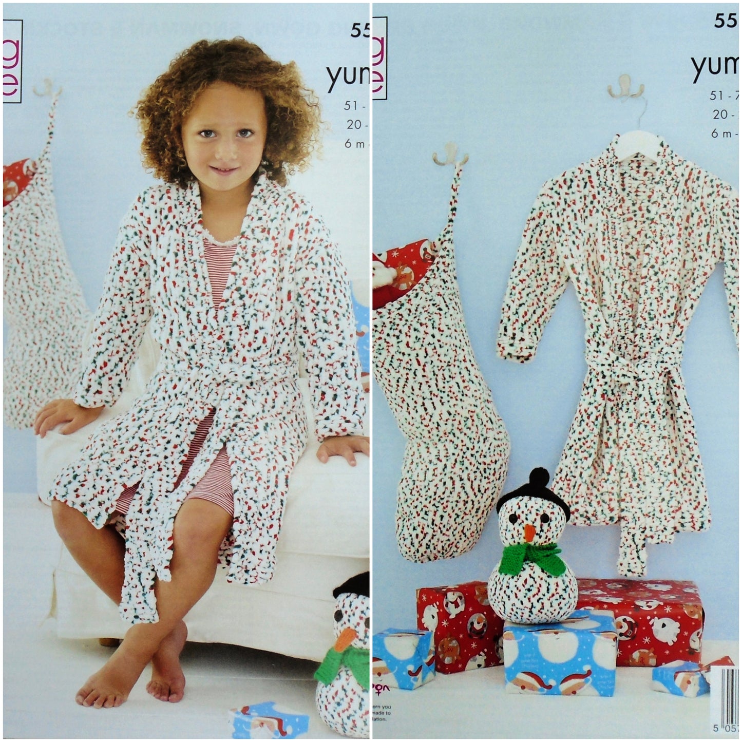DIGITAL Knitting Pattern Childrens Dressing Gown, Snowman and Xmas Stocking Yummy Chunky King Cole 5569