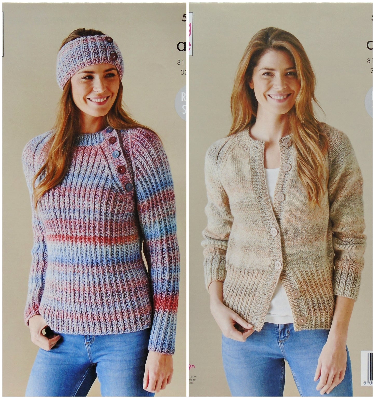 DIGITAL Knitting Pattern Ladies Rib Jumper Cardigan & Headband Acorn Aran King Cole 5803