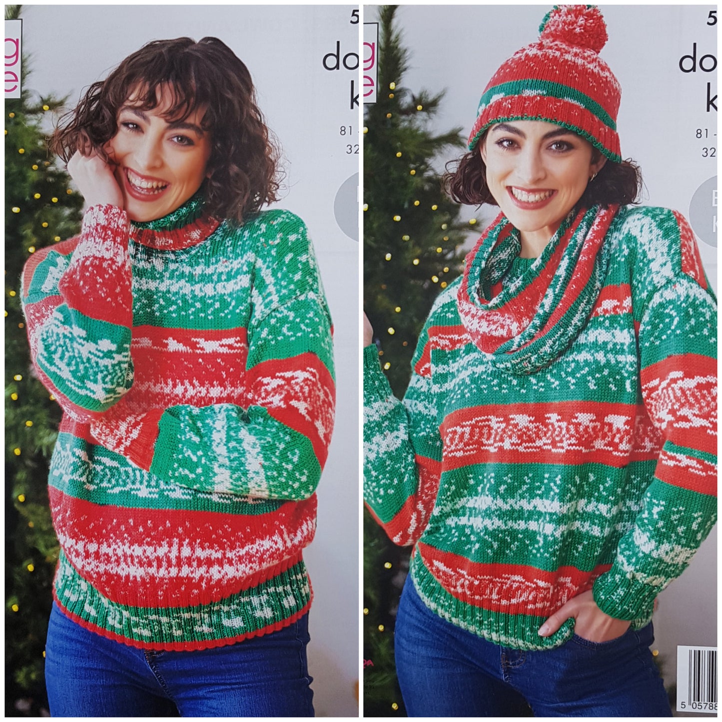 DIGITAL Knitting Pattern Ladies Easy Xmas Jumpers 2 Designs Hat Cowl DK King Cole 5941