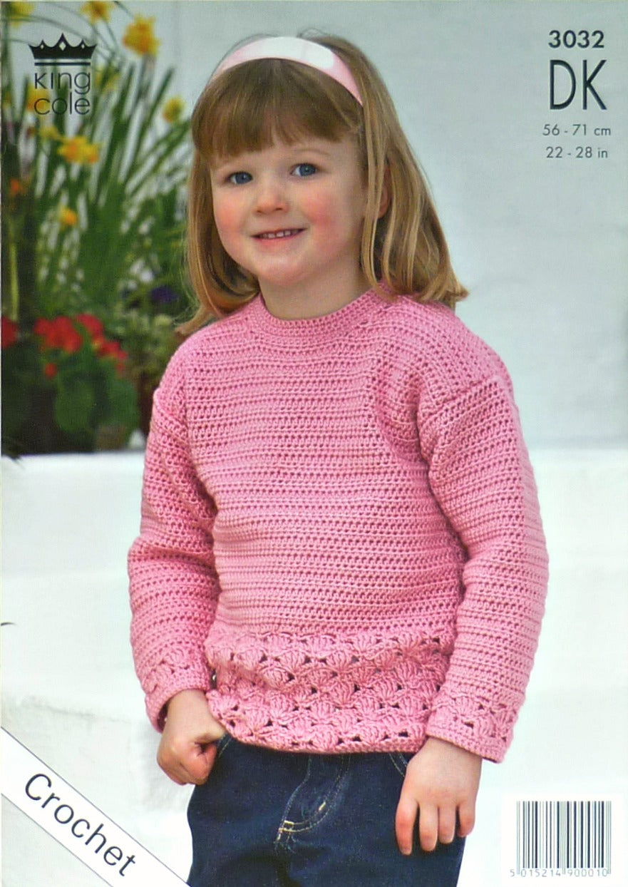 DIGITAL Crochet Pattern Girls Long Sleeve Lace Hem Jumper and Short Sleeve Bolero DK King Cole 3032