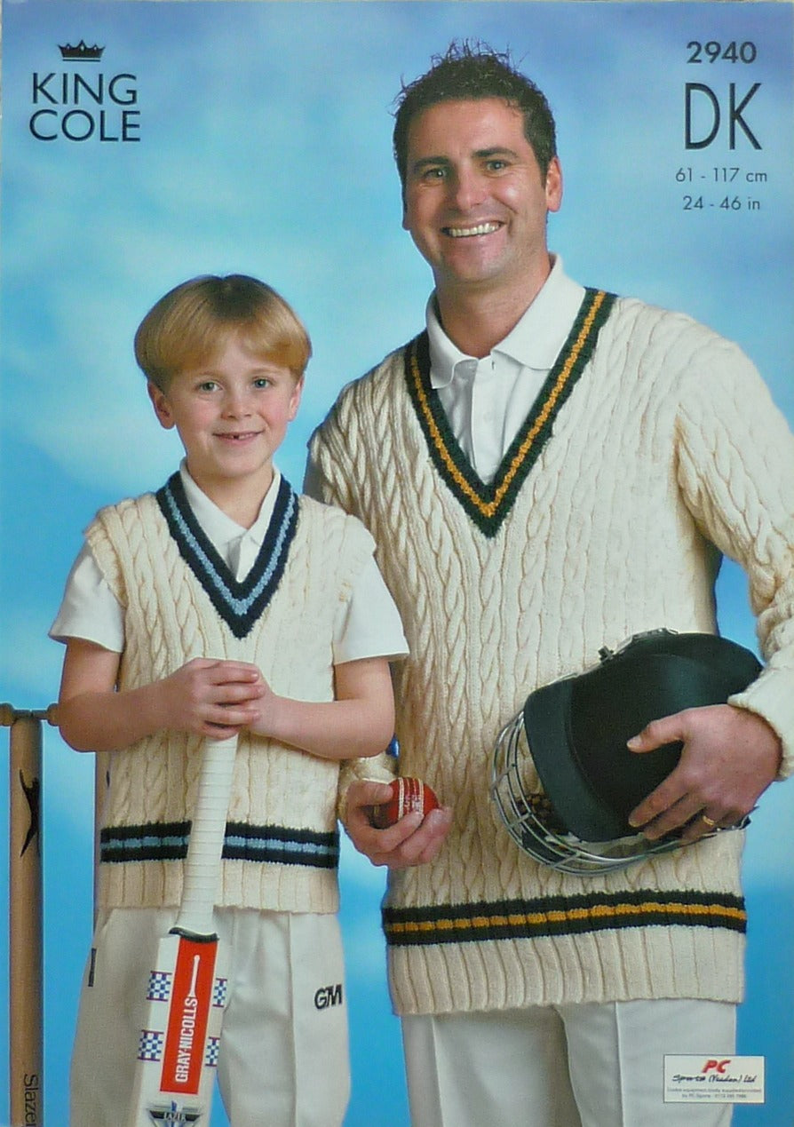 DIGITAL Knitting Pattern Mens/Boys Sleeveless/Long Sleeve V-Neck Cricket Jumper DK 2940