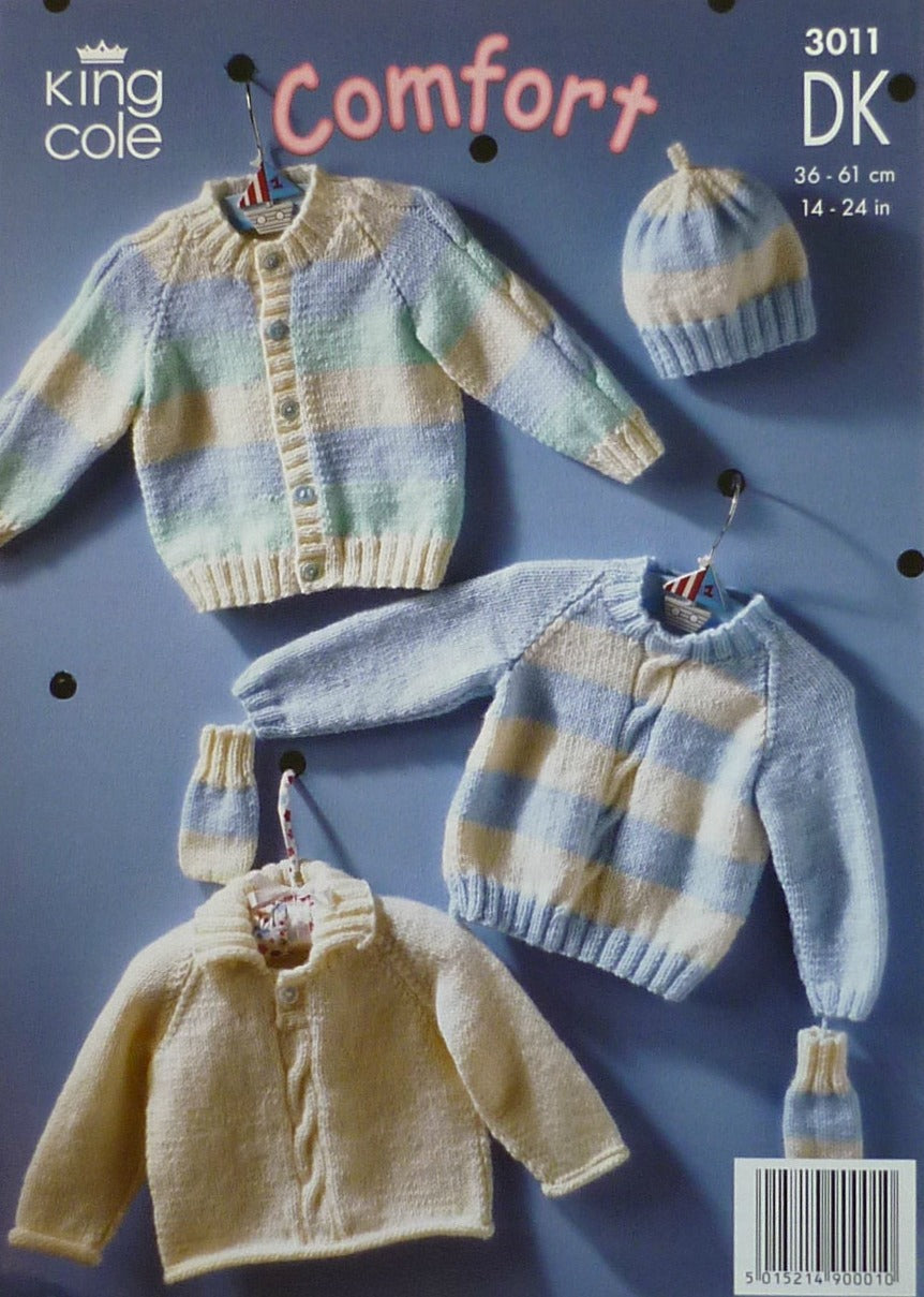 DIGITAL Knitting Pattern Baby 2 Styles Cable Stripe Jumper, Cardigan, Hat & Mittens Comfort DK King Cole 3011