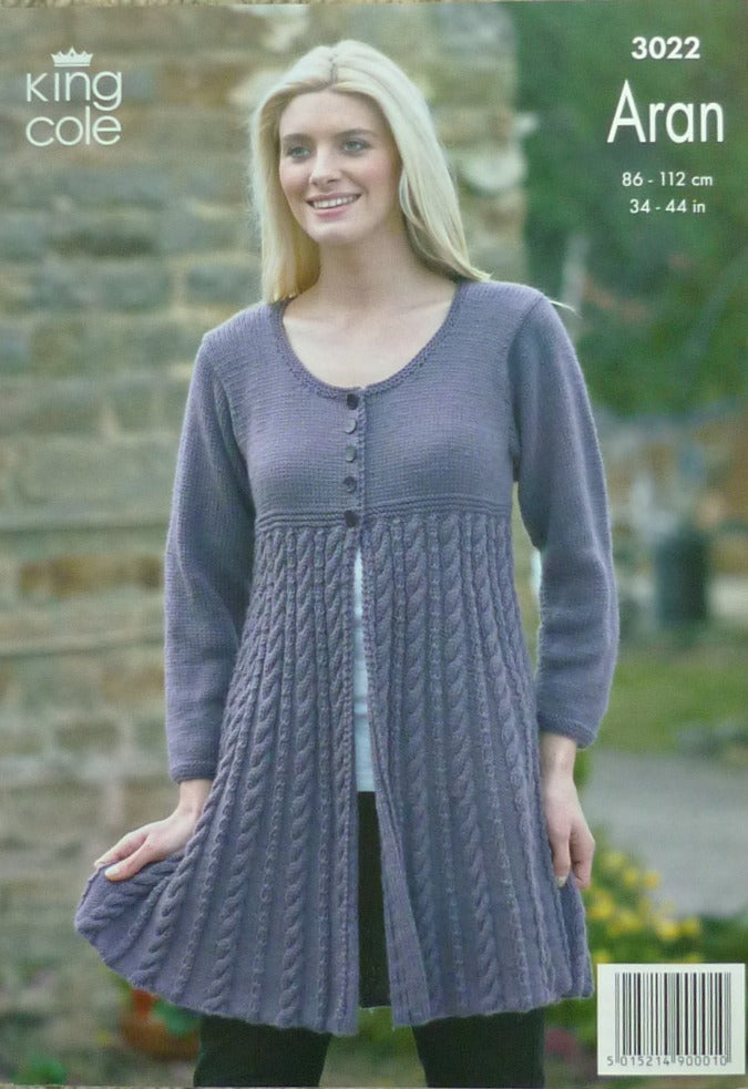 DIGITAL Knitting Pattern Ladies Cable Cardigan & Coat Dress Aran 3022