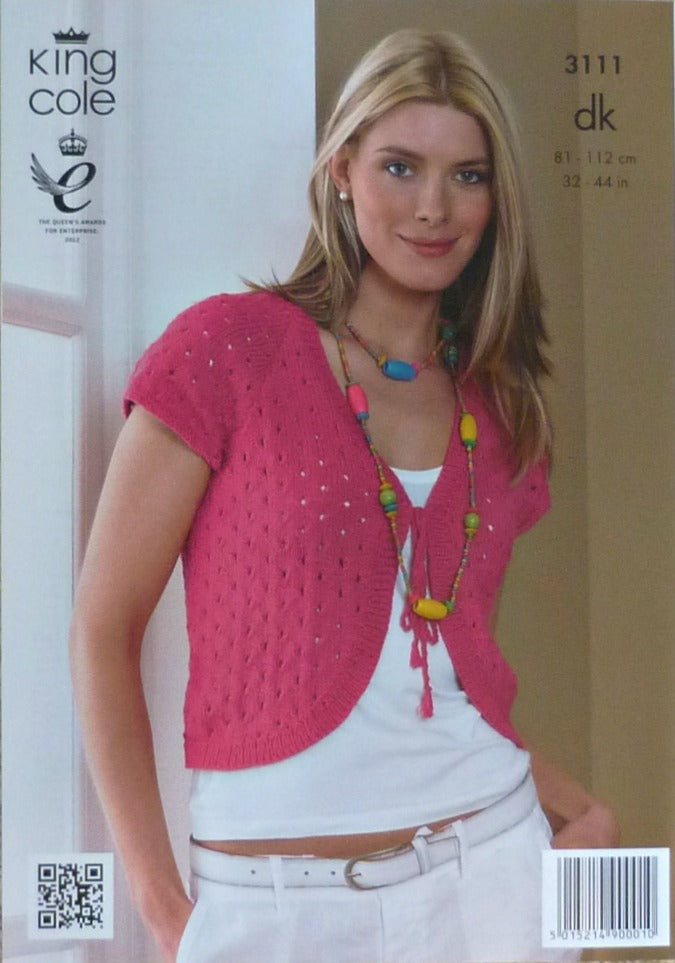 DIGITAL Knitting Pattern Ladies Eyelet Bolero & Cardigan Smooth DK King Cole 3111