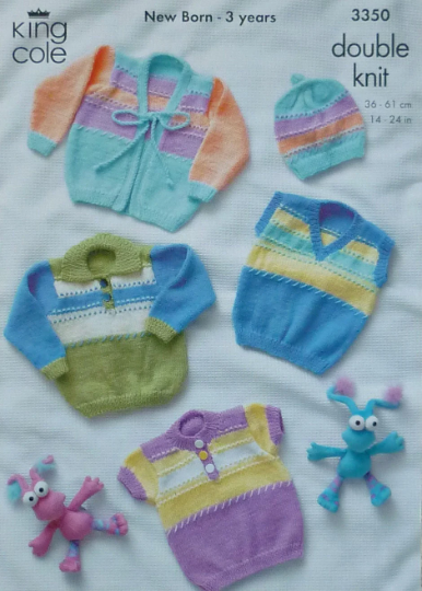 DIGITAL Knitting Pattern Baby Striped Jumpers, Cardigan & Hat DK King Cole 3350
