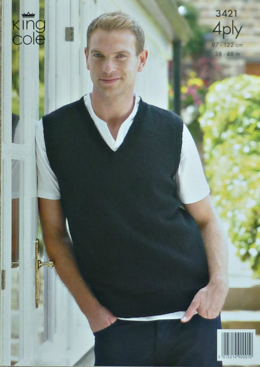 DIGITAL Knitting Pattern Mens V-Neck Sleeveless Jumper and Waistcoat 4ply King Cole 3421