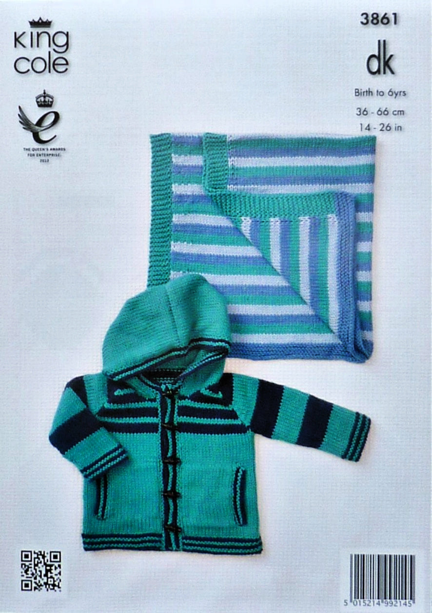 DIGITAL Knitting Pattern Children's Bicycle Jumper, Striped Blanket & Hooded Jacket DK King Cole 3861