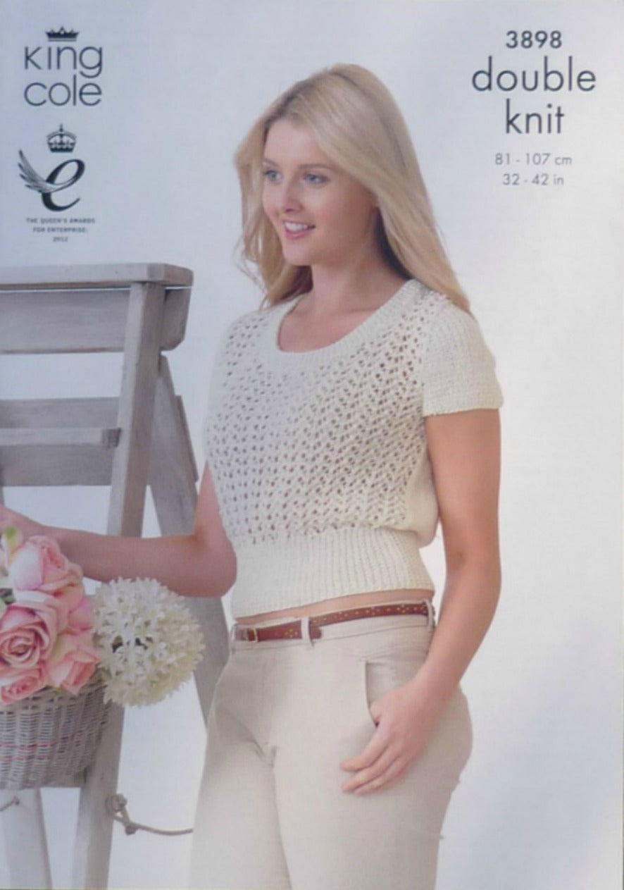 DIGITAL Knitting Pattern Ladies Round or V-Neck Lacy Jumpers Cotton DK King Cole 3898