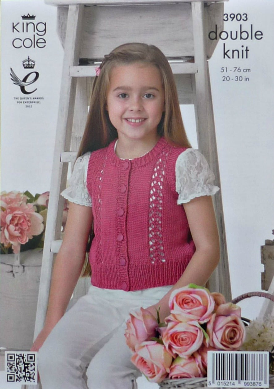DIGITAL Knitting Pattern Girls Lacy Cardigan & Waistcoat Cotton DK 3903 King Cole