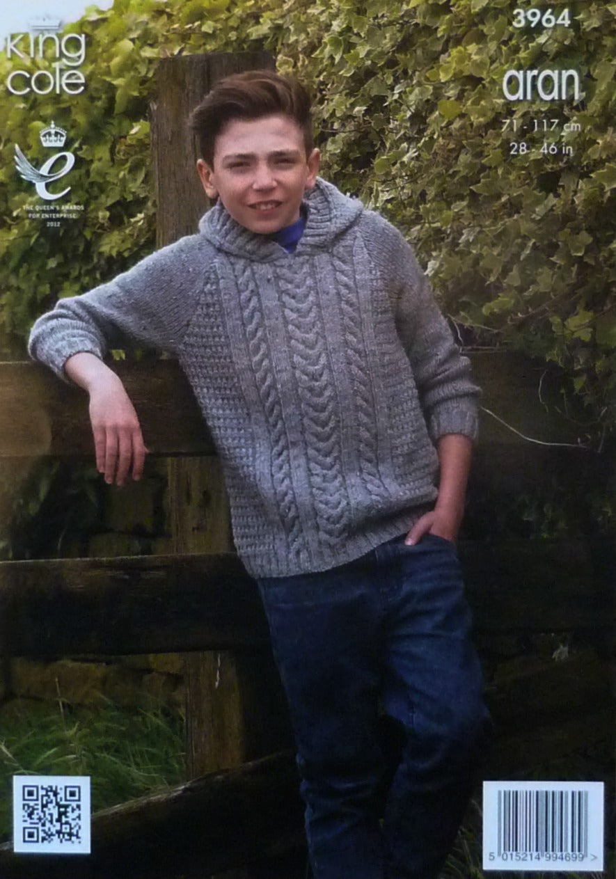 DIGITAL Knitting Pattern Boys & Mens Cable Jumper and Hoodie Aran 3964 King Cole
