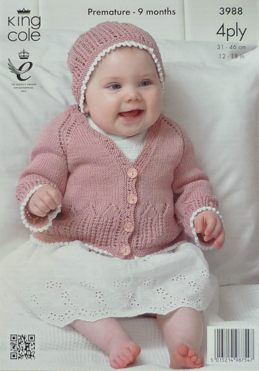 DIGITAL Knitting Pattern Baby 2 shade Jacket & Hat and Lacy Matinee Cardigan & Hat 4ply King Cole 3988