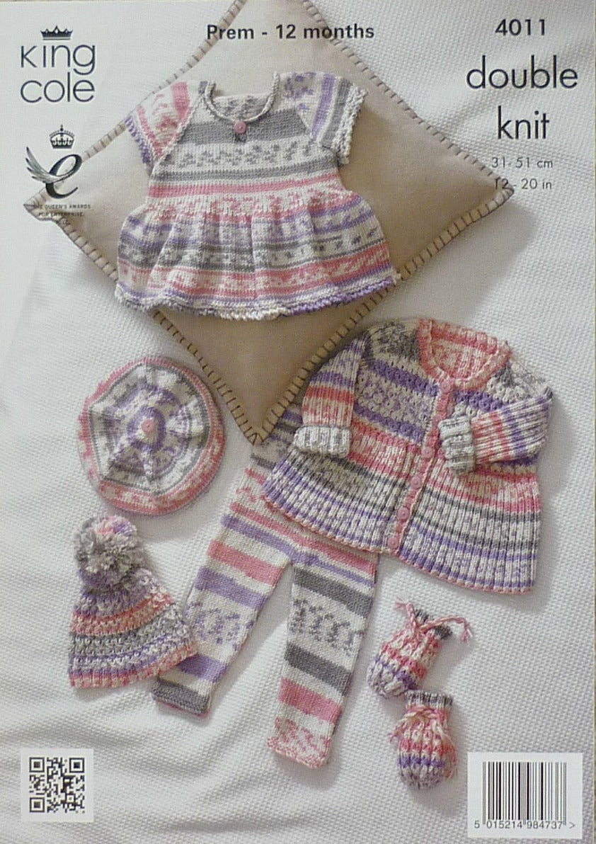 KNITTING PATTERN Baby Cable & Rib Coat Beret Hat Top & Mitts DK King Cole 4011