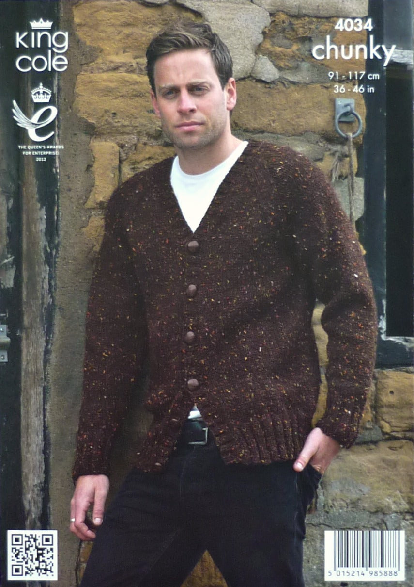 DIGITAL Knitting Pattern Mens Easy Knit Long Sleeve Jumper & Jacket Chunky King Cole 4034