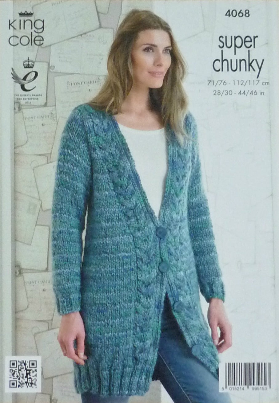 DIGITAL Knitting Pattern Ladies Cable Jumper and Long Cable Jacket Super Chunky King Cole 4068