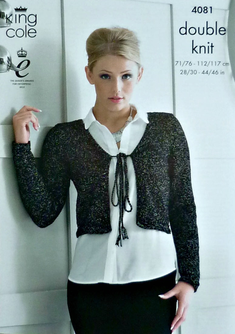 DIGITAL Knitting Pattern Ladies Long or Short Sleeve Short Tie Cardigan Glitz DK King Cole 4081