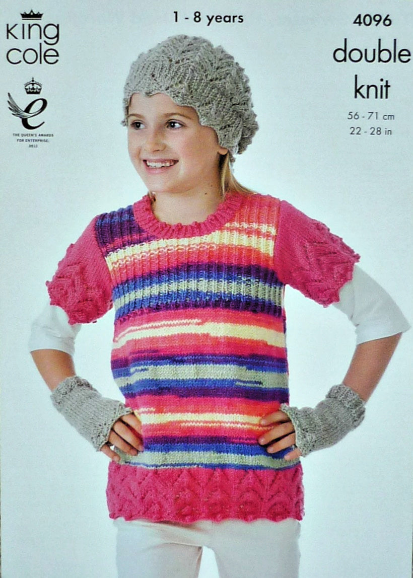 DIGITAL Knitting Pattern Childrens Lace Edged Tunic, Handwarmers Hat & Jumper DK 4096