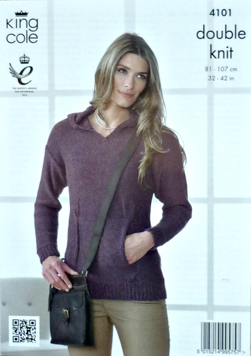 DIGITAL Knitting Pattern Ladies Cowl Collared or Hooded Jumper with Cable Ribs DK King Cole 4101