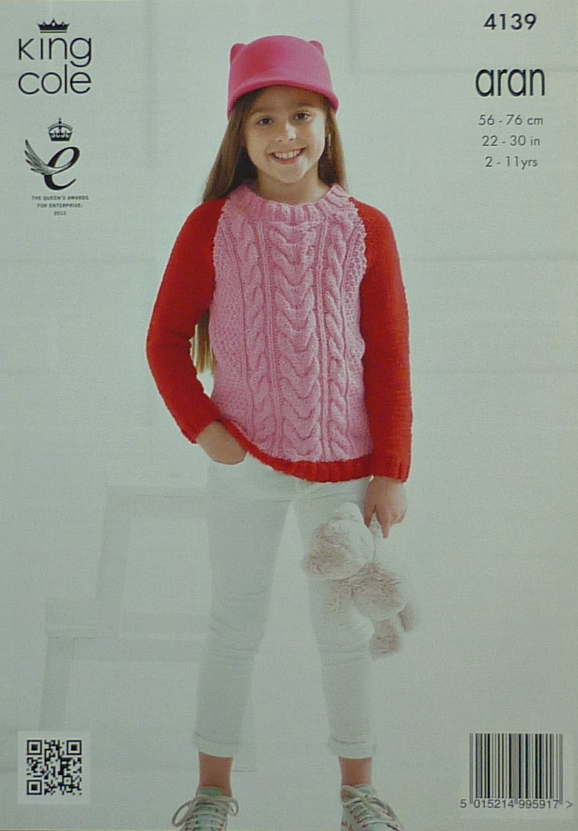 DIGITAL Knitting Pattern Childrens Hooded Cable Jumper & Two Colour Cable Jumper Aran King Cole 4139