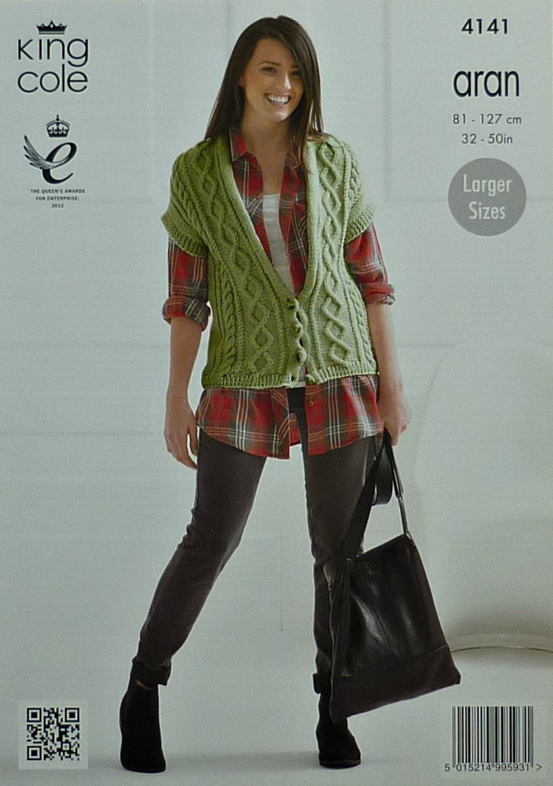 DIGITAL Knitting Pattern Ladies Sleeveless Cable Waistcoat with Pockets in 2 Lengths Aran King Cole 4141