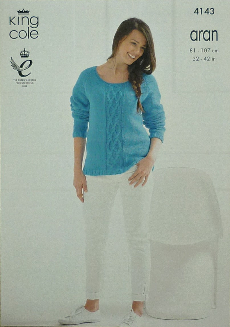 DIGITAL Knitting Pattern Ladies Scoop Neck or High Neck Cable Panel Jumper Aran King Cole 4143