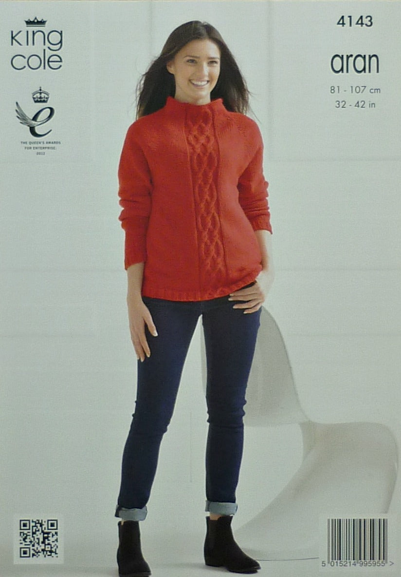 DIGITAL Knitting Pattern Ladies Scoop Neck or High Neck Cable Panel Jumper Aran King Cole 4143