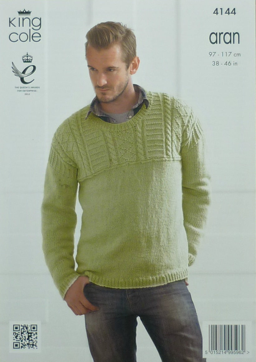 DIGITAL Knitting Pattern Mens Textured Jumpers 2 Styles Aran 4144 King Cole