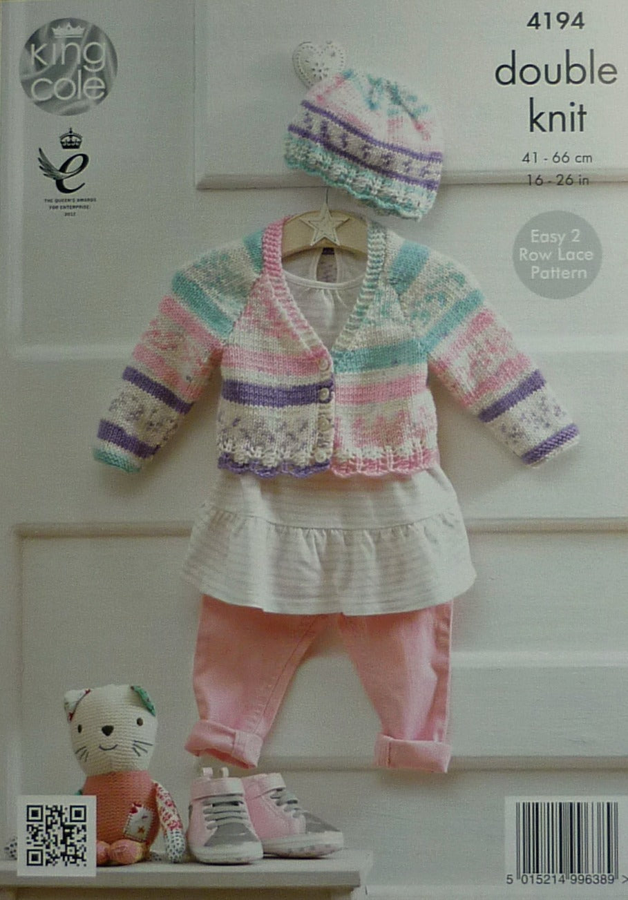DIGITAL Knitting Pattern Baby's Round or V-Neck Lace Hem Cardigan with Hats DK 4194 King Cole