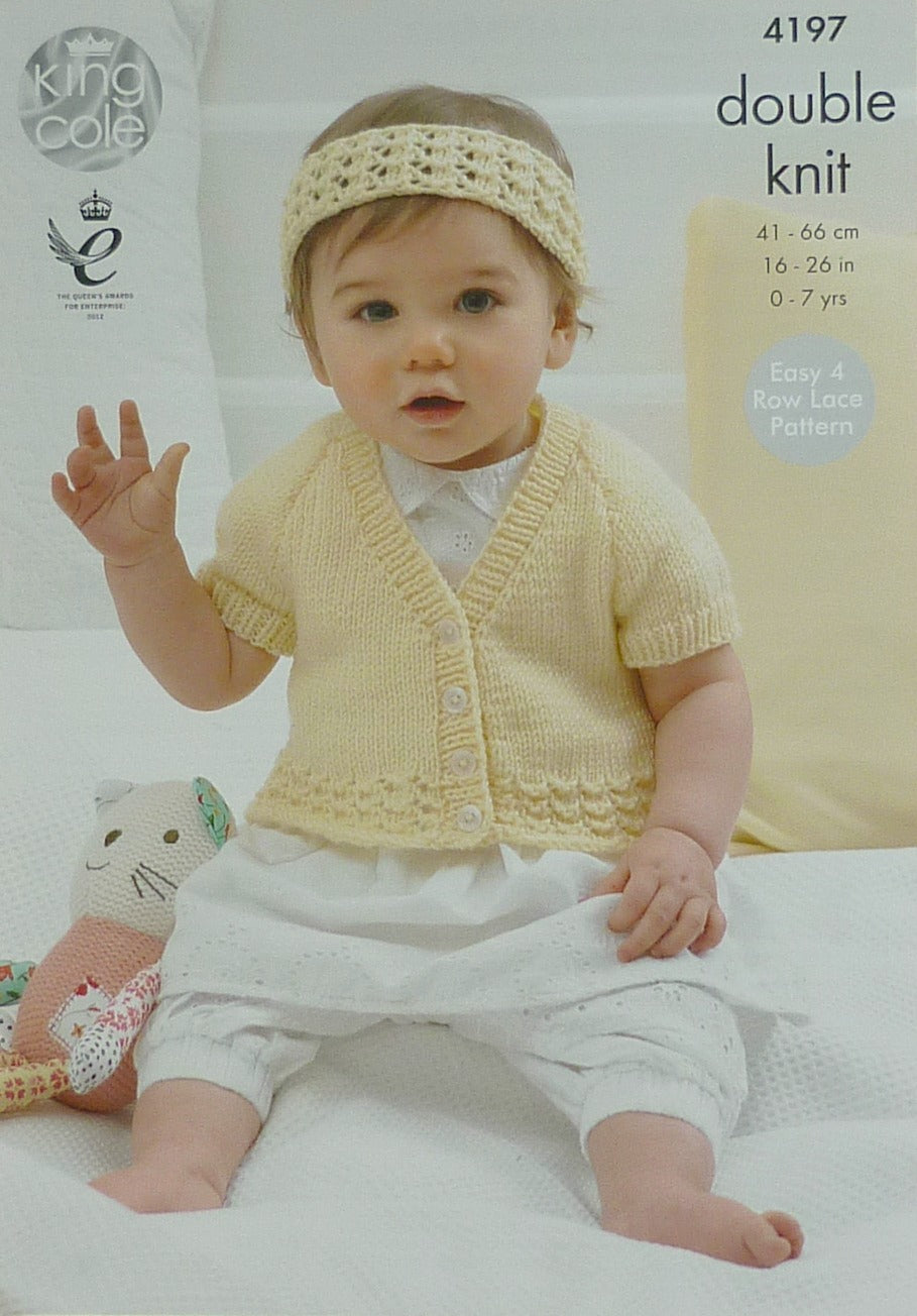 DIGITAL Knitting Pattern Baby's V-Neck and Round Neck Cardigans Lace Hem & Headband DK 4197 King Cole