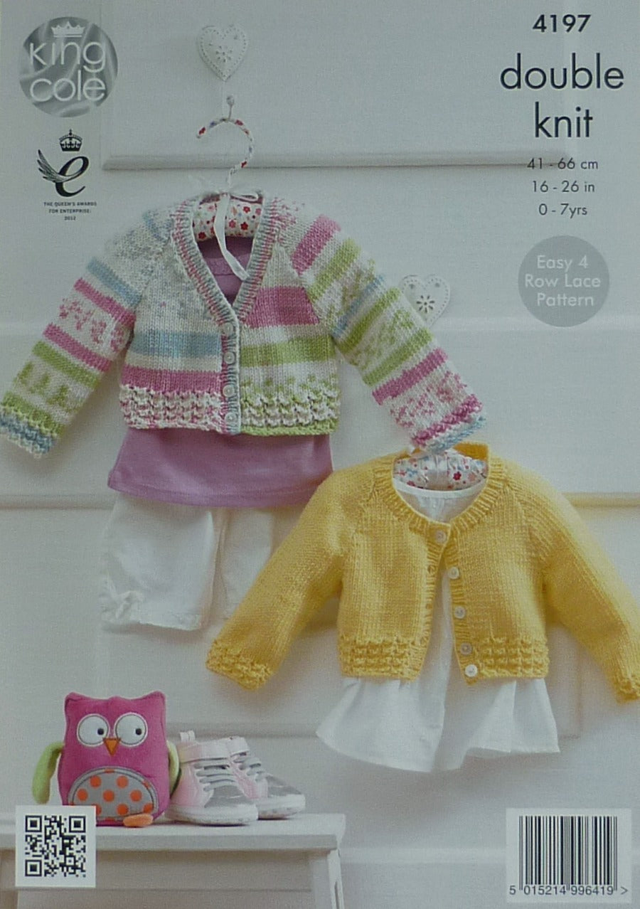 DIGITAL Knitting Pattern Baby's V-Neck and Round Neck Cardigans Lace Hem & Headband DK 4197 King Cole