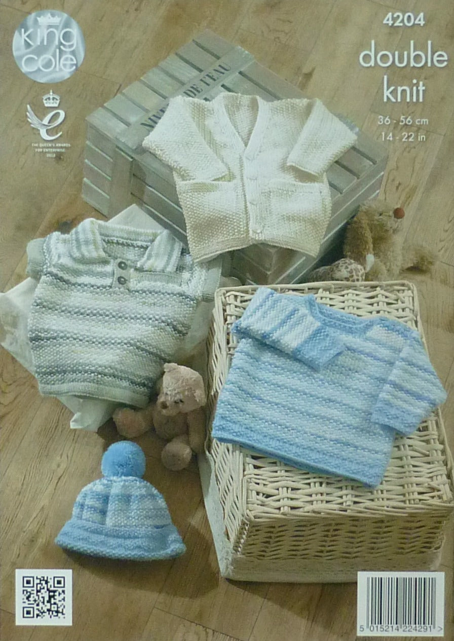 DIGITAL Knitting Pattern Baby Jacket, Polo Jumper, Long Sleeve Jumper and Bobble Hat DK King Cole 4204