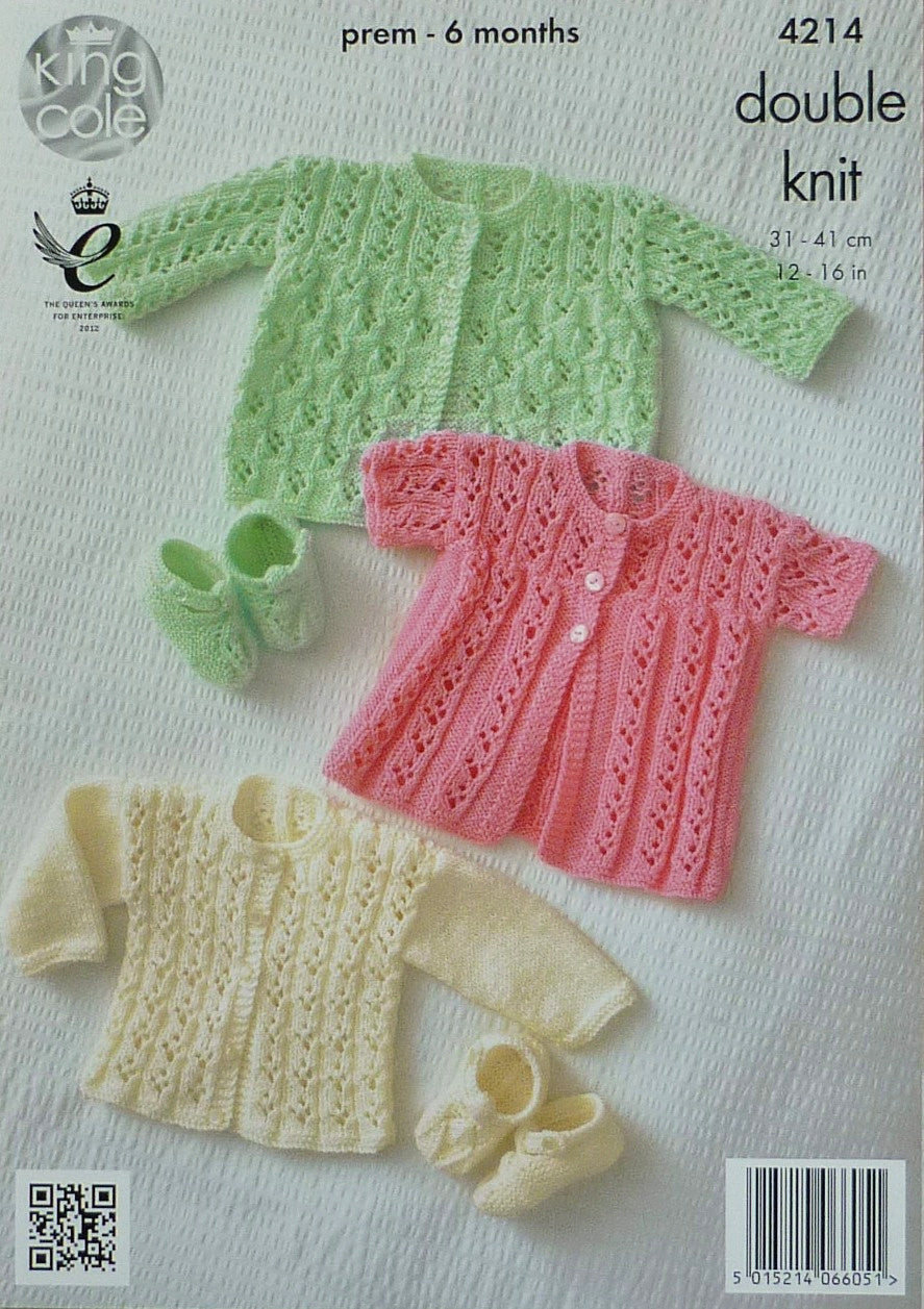 DIGITAL Knitting Pattern Baby Lacy Matinee Cardigans & Shoes DK King Cole 4214