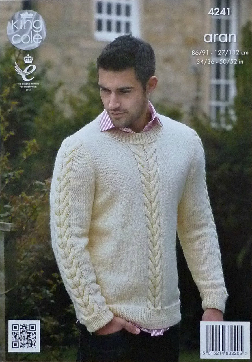 DIGITAL Knitting Pattern Mens Long Sleeve Cable Jumper or Sleeveless Cable Waistcoat Aran King Cole 4241