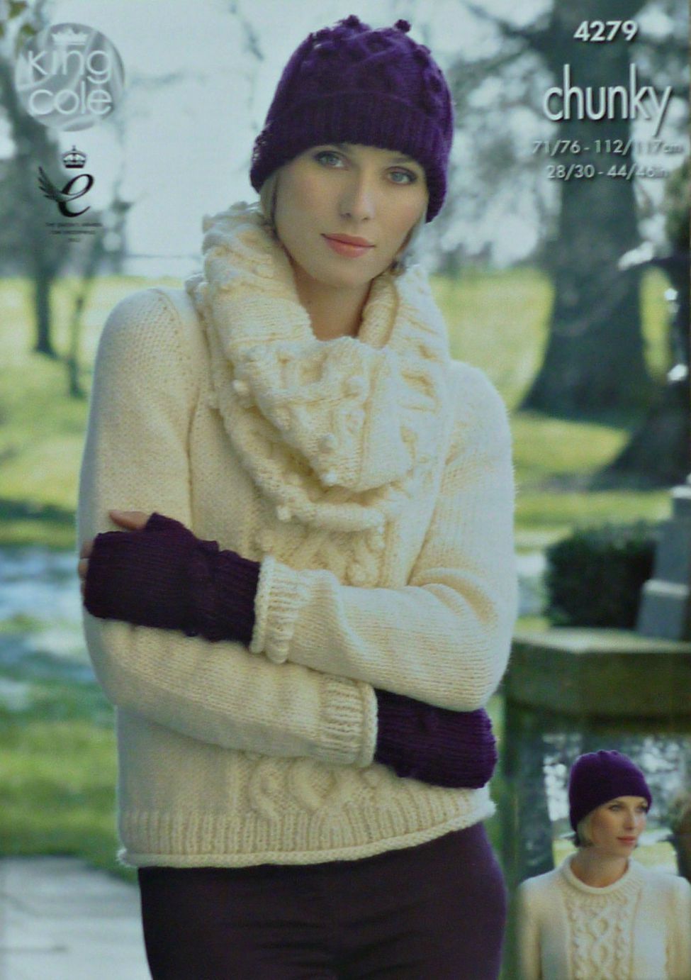 DIGITAL Knitting Pattern Ladies Cable Jumper & Hat, Cowl, Fingerless Mittens, Scarf, Hat Chunky King Cole 4279