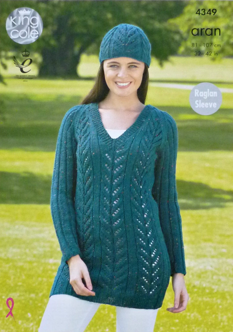 DIGITAL Knitting Pattern Ladies Tunic/Long Jumper, Rib Jumper, 2 Hats Aran 4349 King Cole