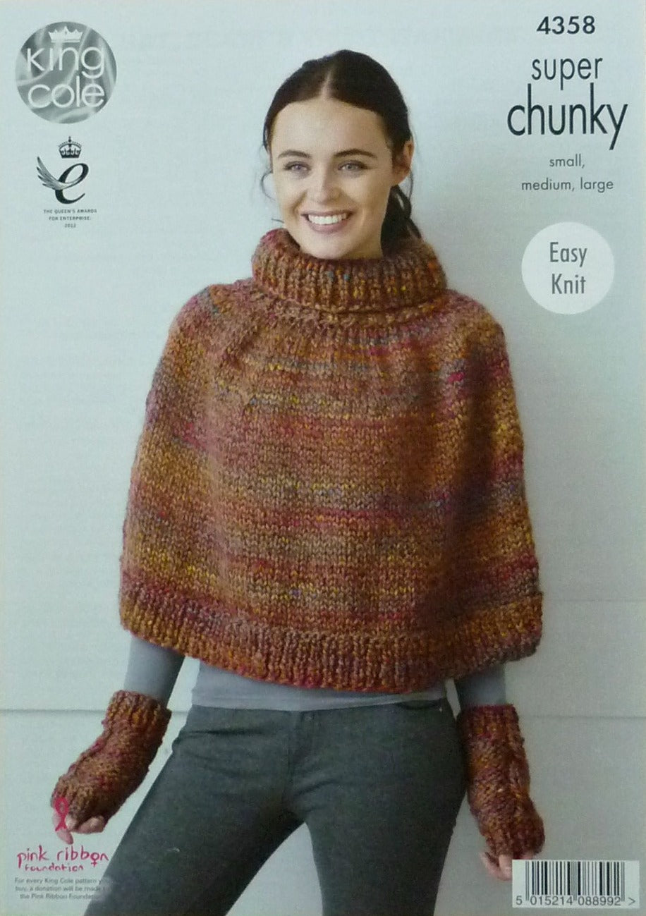 DIGITAL Knitting Pattern Ladies Easy Knit or Cable Edge Poncho, Hat, Scarf & Wristwarmers Super Chunky King Cole 4358