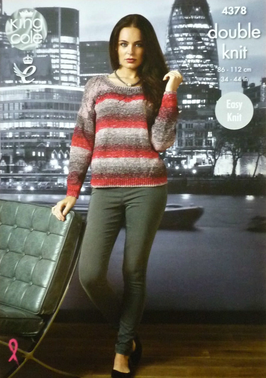 DIGITAL Knitting Pattern Ladies Easy Knit Long or Short Sleeve Jumper DK King Cole 4378