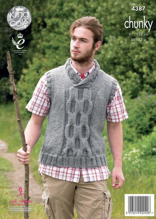 DIGITAL Knitting Pattern Mens Long Sleeve Cable Jumper & Slipover Chunky King Cole 4387