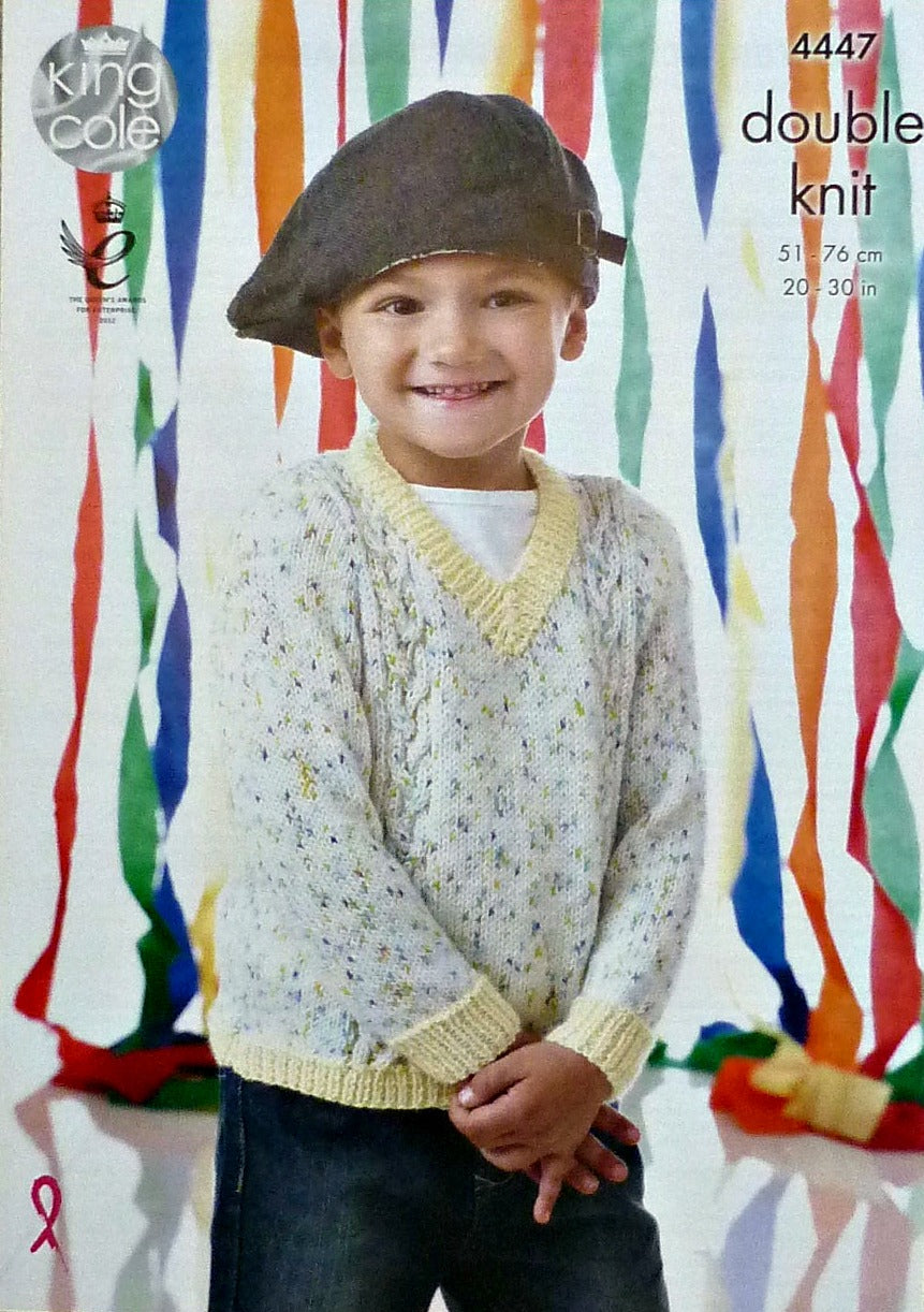 DIGITAL Knitting Pattern Childrens Cable Blanket, Hat & V-Neck Jumpers DK 4447 king Cole