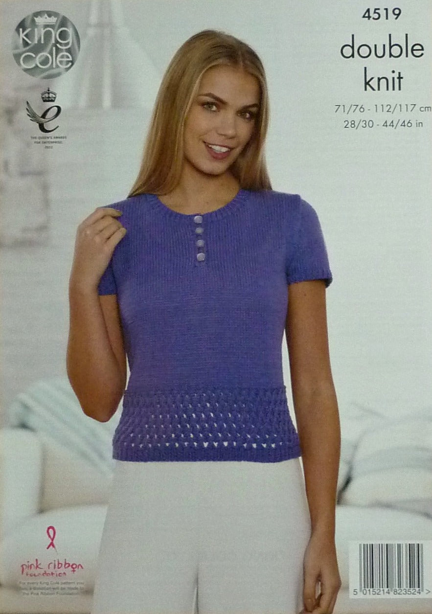 DIGITAL Knitting Pattern Ladies Button Neck Lacy Jumpers Cottonsoft DK King Cole 4519