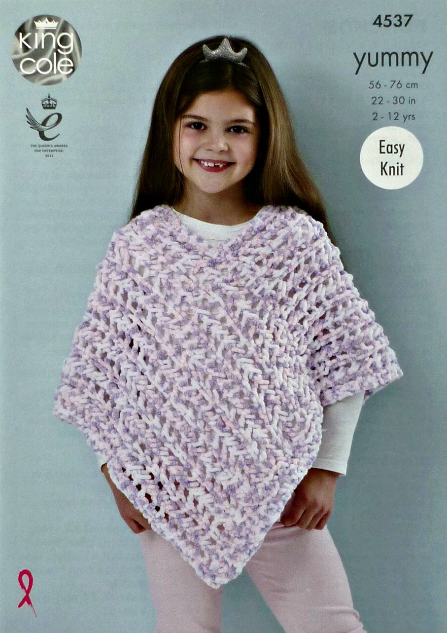 DIGITAL Knitting Pattern Childrens Easy Knit or Lacy Poncho Yummy Chunky King Cole 4537