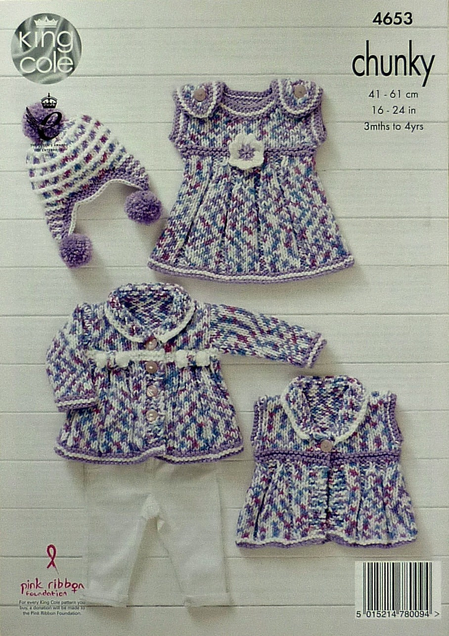 DIGITAL Knitting Pattern Baby Coat, Hat Waistcoat with collar and Dress Comfort Chunky 4653