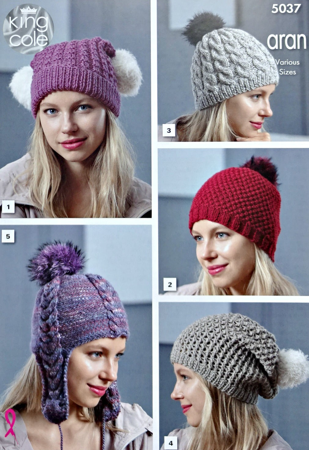 DIGITAL Knitting Pattern Ladies Hats 5 Styles Cable Slouchy Helmet Aran King Cole 5037